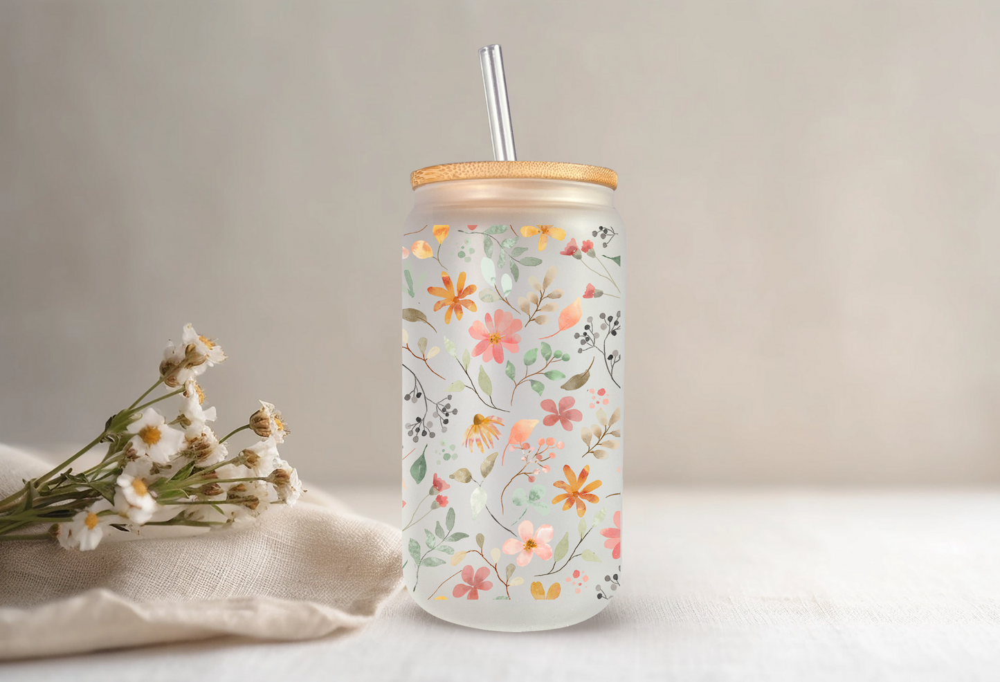 Dainty Wildflower Glass Tumbler 16oz.