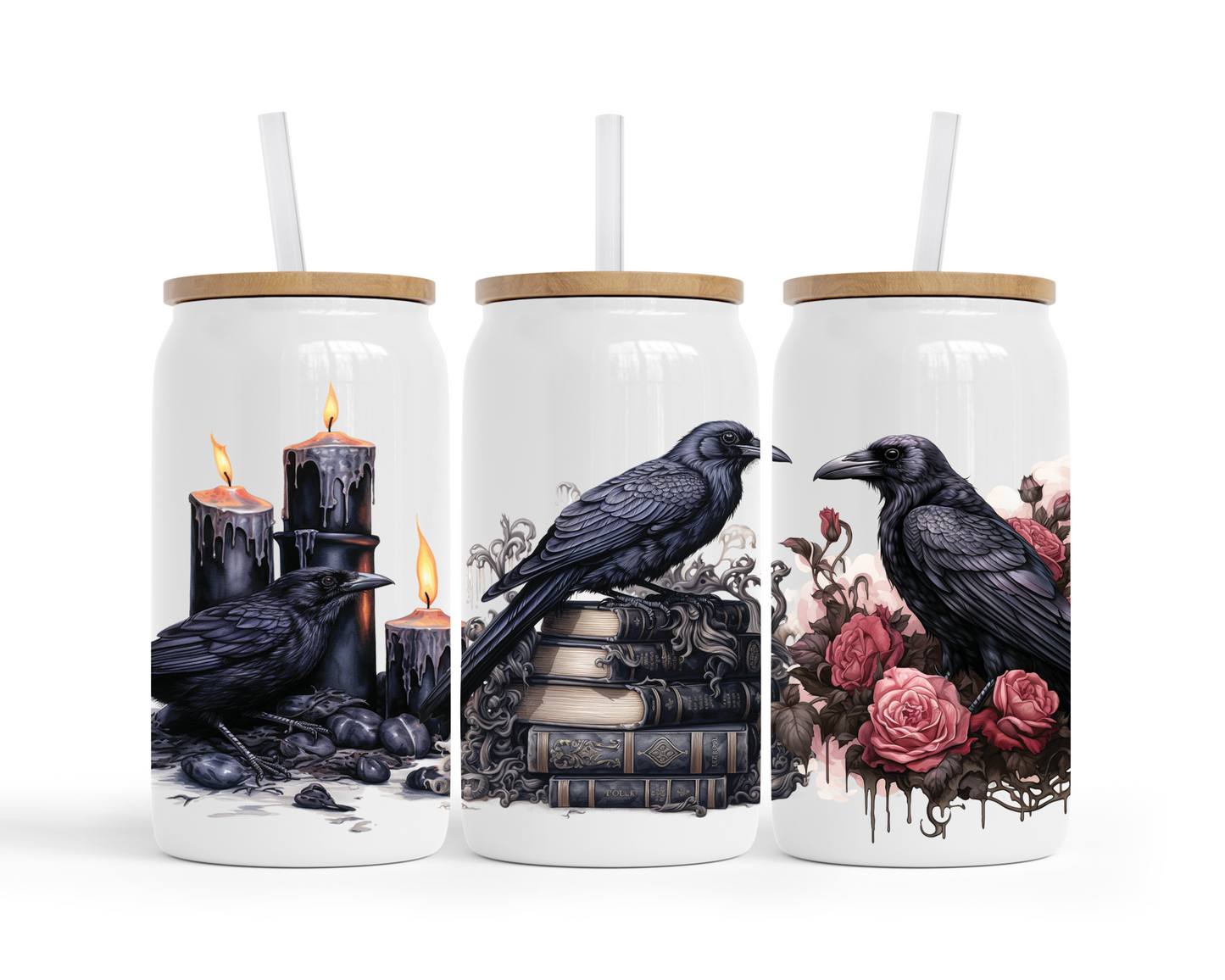 Raven Book Glass Tumbler – 16oz Reusable Cup for Coffee, Tea, and Book Lovers with Bamboo Lid & Straw