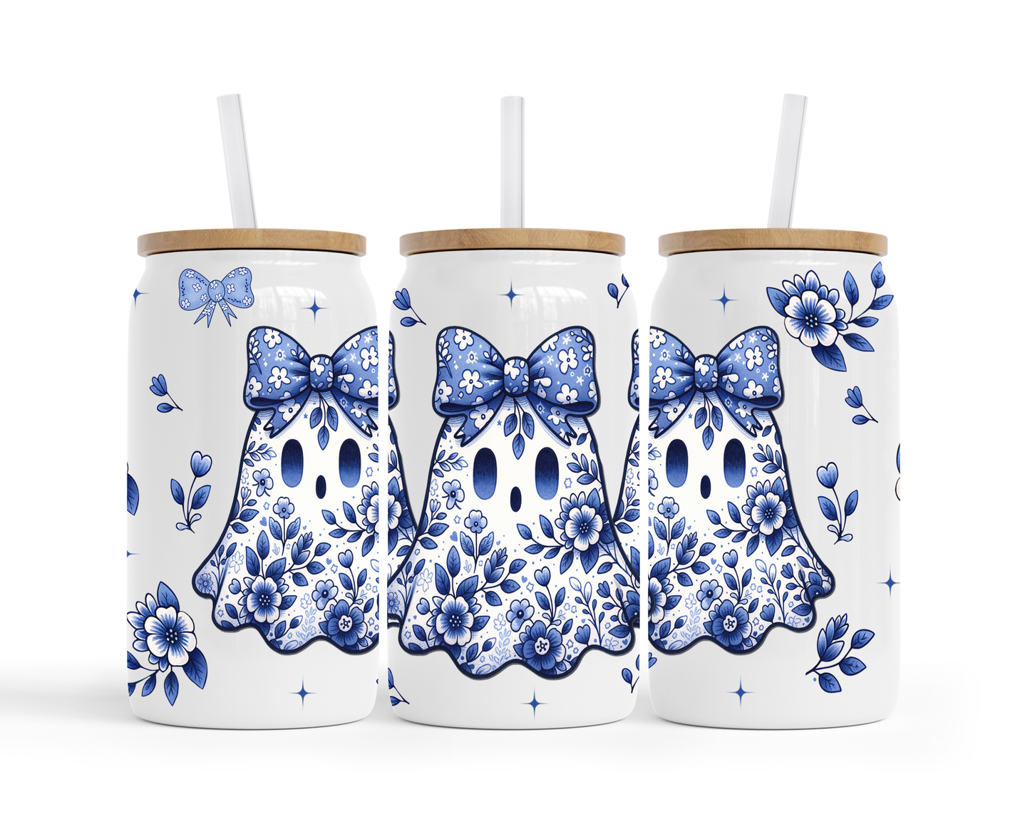 Bloom & Boo Glass Cup – 16oz Blue Floral Ghost Frosted Tumbler with Bamboo Lid & Straw | Cute Spooky Season Gift