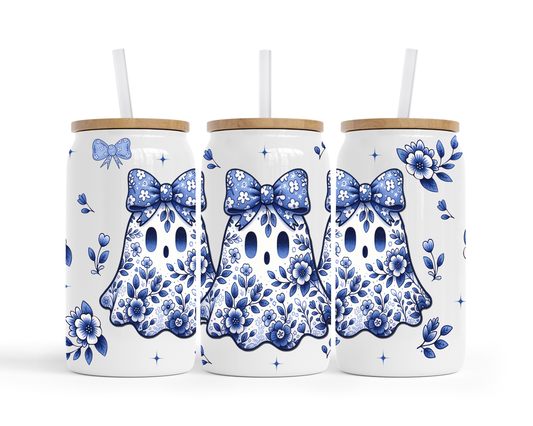 Blue Floral Ghost Glass | 16oz Iced Coffee Tumbler