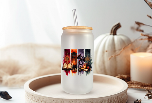 Arcane Library Glass Cup – 16oz Frosted Fantasy Tumbler with Bamboo Lid & Straw | Book & Dragon Lover Gift