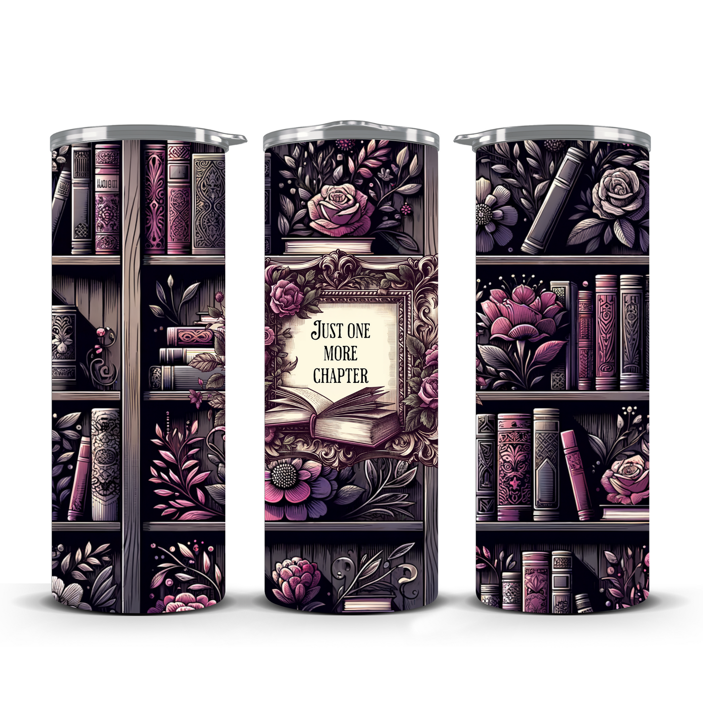 One More Chapter & Bookshelf Whispers Stainless Steel Tumbler 20oz.