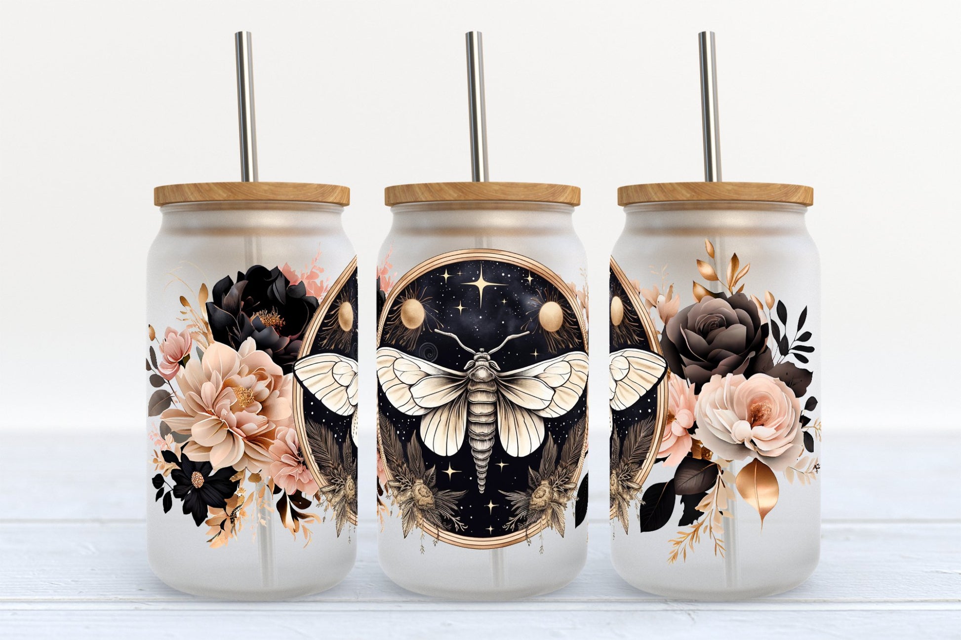 Moth With Flowers Glass Can With Bamboo Lid & Straw - CGS. Creations