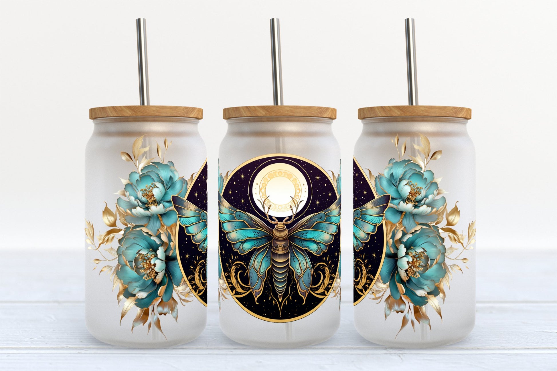 Teal Moth with Flower Glass Tumbler - CGS. Creations