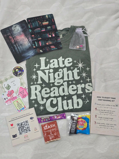 Cozy Reading Night Box | Mystery Bookish T-Shirt, Kindle Charms & Inserts, Coffee or Tea, Candy, and Gifted Ebook