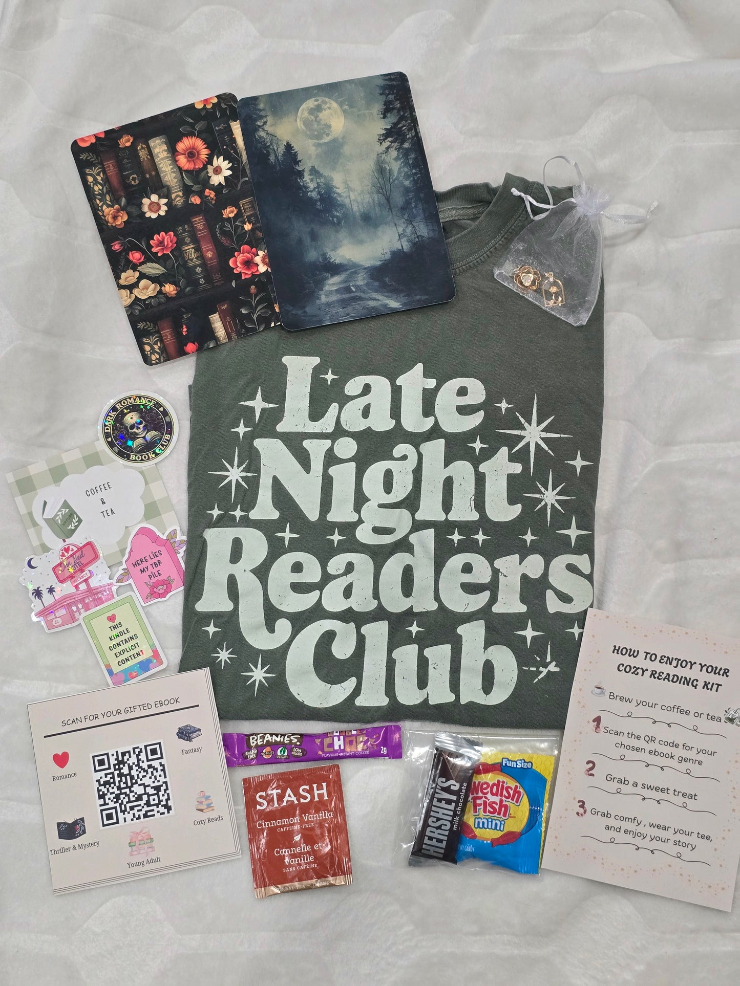 Cozy Reading Night Box | Mystery Bookish T-Shirt, Kindle Charms & Inserts, Coffee or Tea, Candy, and Gifted Ebook