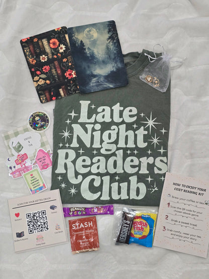 Cozy Reading Night Box | Mystery Bookish T-Shirt, Kindle Charms & Inserts, Coffee or Tea, Candy, and Gifted Ebook