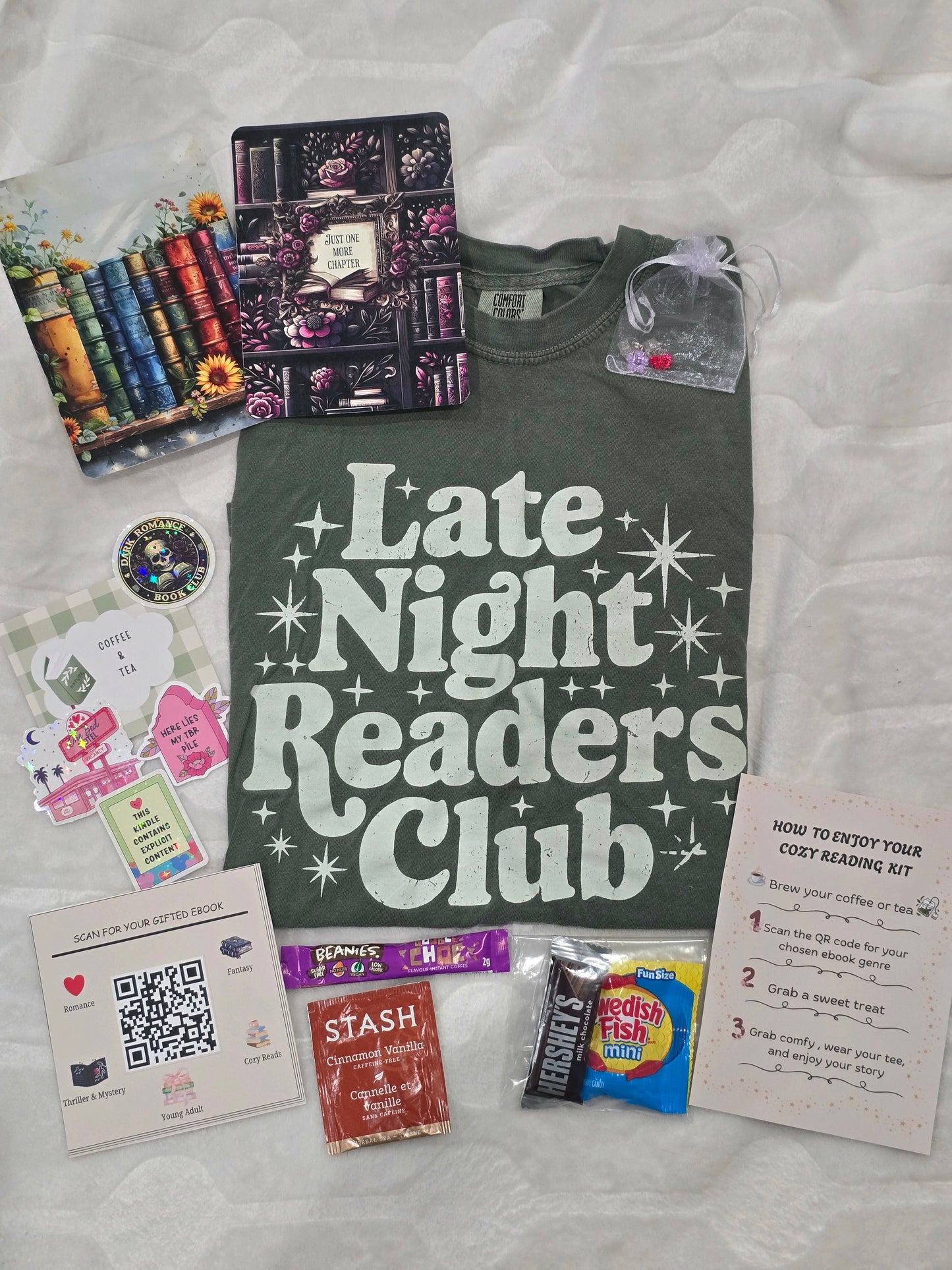 Cozy Reading Night Box | Mystery Bookish T-Shirt, Kindle Charms & Inserts, Coffee or Tea, Candy, and Gifted Ebook