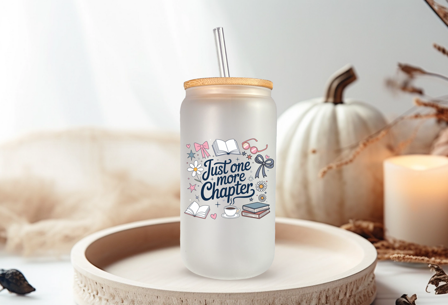 Booked & Caffeinated Glass Cup – 16oz Glass Tumbler with Bamboo Lid & Straw | Book Lover Gift