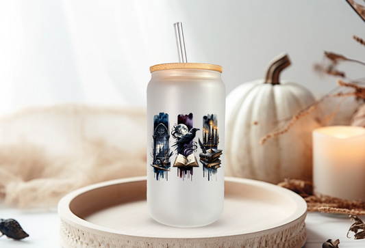 Raven’s Brew Glass Cup – 16oz Fantasy Glass Tumbler with Bamboo Lid & Straw | Gothic Book Lover Gift