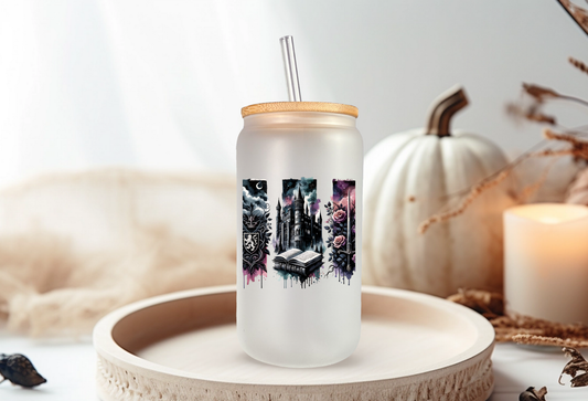 Moonlit Pages Glass Cup – 16oz Frosted Gothic Tumbler with Bamboo Lid & Straw | Dark Academia Book Lover Gift