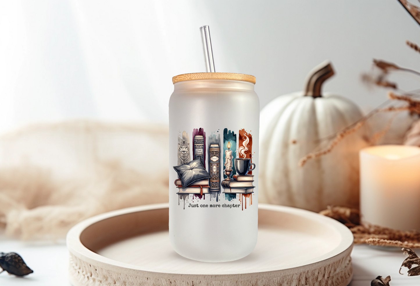 Candlelight Reads Glass Cup – 16oz Frosted Tumbler with Bamboo Lid & Straw | Cozy Book Lover Gift