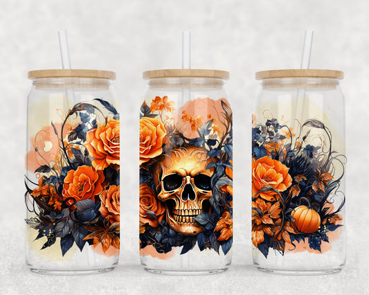 Skull In The Fall Glass Tumbler 16oz.