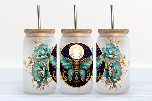 Teal Moth with Flower Glass Tumbler - CGS. Creations
